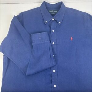 Ralph Lauren Custom Fit Long Sleeve Blue Linen Button Down Shirt Men's XL